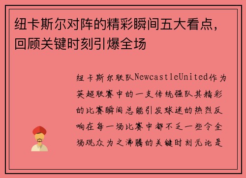 纽卡斯尔对阵的精彩瞬间五大看点，回顾关键时刻引爆全场
